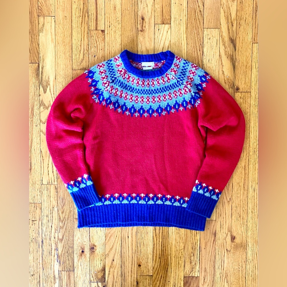 MUNROSPUN Womens Crew Neck Jumper Sweater Red Fair Isle Size Medium